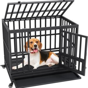 VEVOR 38 Inch Heavy Duty Dog Crate, Indestructible Dog Crate, 3-Door Heavy Duty Dog Kennel for Medium to Large Dogs with Lockable Wheels and Removable Tray, High Anxiety Dog Crate for Indoor & Outdoor